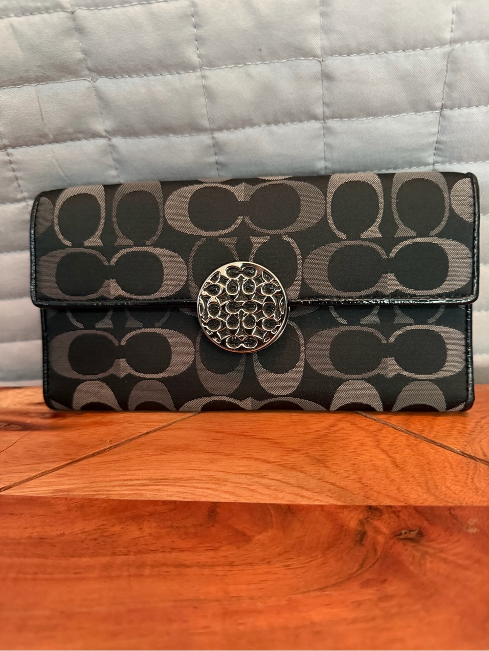 Coach Black and Gray Signature Turnlock Clutch